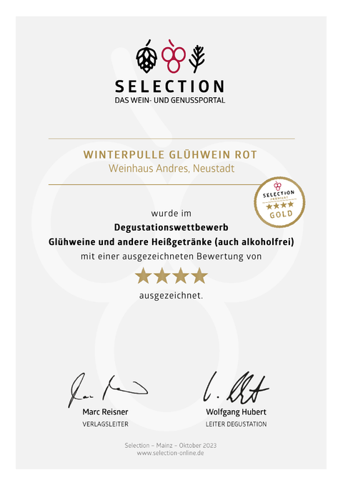 Urkunde: WinterPulle Glühwein Rot, Selection Gold, 4 Sterne, Oktober 2023