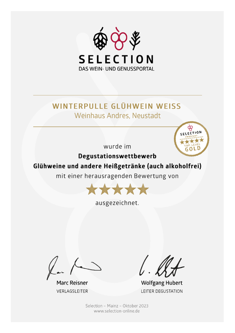 Urkunde: WinterPulle Glühwein Weiß, Selection Top-Level Gold, 5 Sterne, Oktober 2023