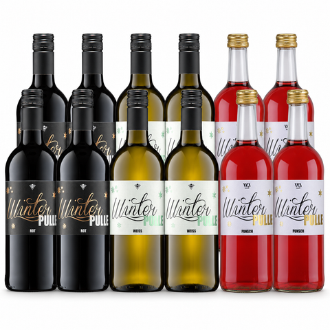WinterPulle alkoholfreies 12er-Set: je vier Flaschen Rot und Weiß à 1 Liter sowie vier Punsch à 975 ml