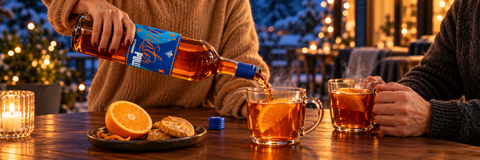 WinterPulle Bitter Orange beim Einschenken in Tassen auf einer winterlichen Terrasse. KI-generiertes Stimmungsbild mit Originalflasche; Serviervorschlag.